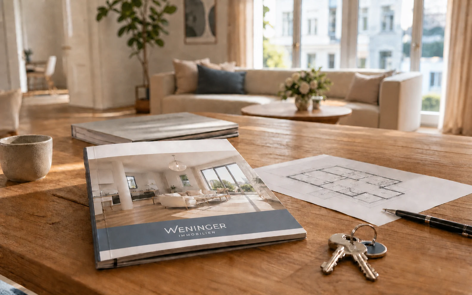 Verkaufsexposé von Weninger Immobilien auf einem Tisch